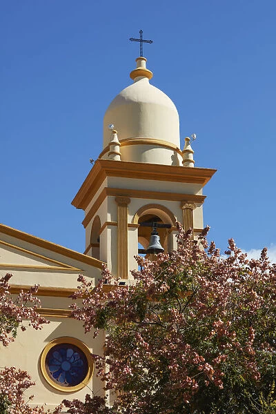 The bell tower of the 'Our Lady of Rosary' Cathedral in the cask of Cafayate, Calchaqui Valleys, Salta province, Argentina