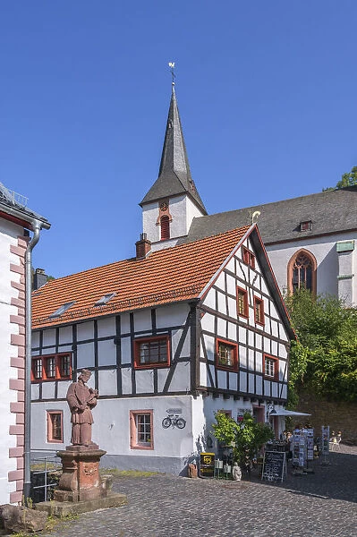 Blankenheim church with half-timbered houses, Eifel, North Rhine Westphalia, Germany
