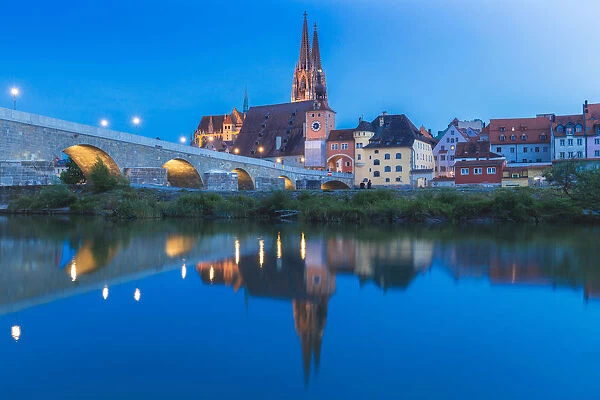 Blue Danube in the medieval Regensburg, Lower Bavaria, Bavaria, Germany