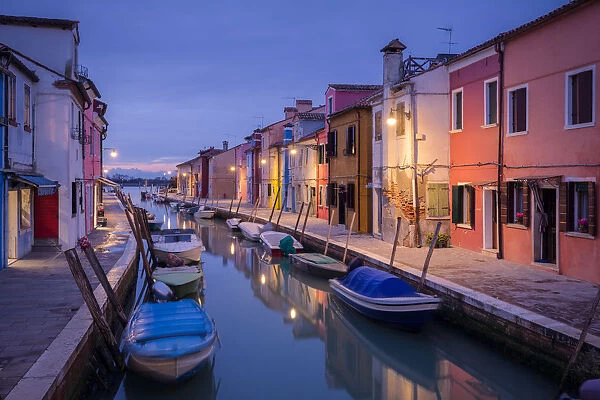 The boats of Burano at dusk, Burano, Venice, Veneto, Italy