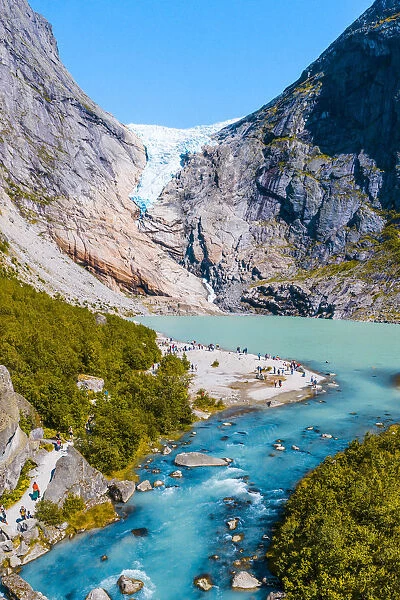 Briksdalsbreen glacier, Sogn og Fjordane, Norway. Tourists admiring the glacier