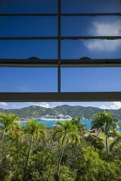 British Virgin Islands, Tortola, Road Town, elevated port view with cruiseship