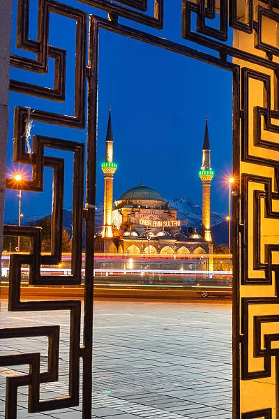 Burunguz mosque in the city center at twilight. Republic square, Kayseri