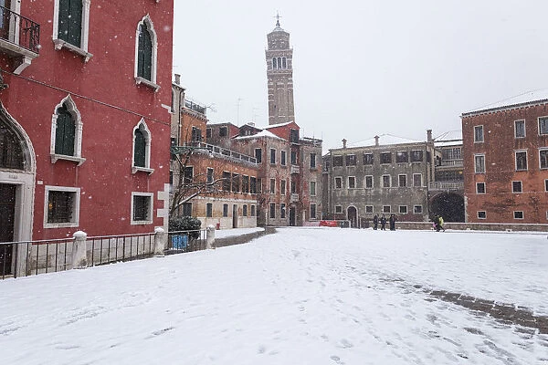 Campo Sant Anzolo with Santo Stefano Bell Tower during a snowfall, Venice, Veneto