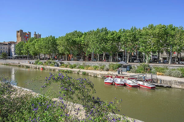 Canal de la Robine and view of the palace of the archbishops, Narbonne, Aude, Languedoc-Roussillon, Occitanie, France