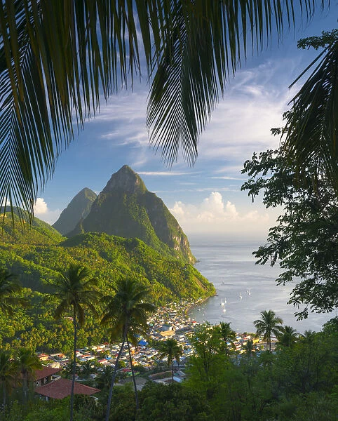 Caribbean, St Lucia, Petit (near) and Gros Piton Mountains (UNESCO World Heritage