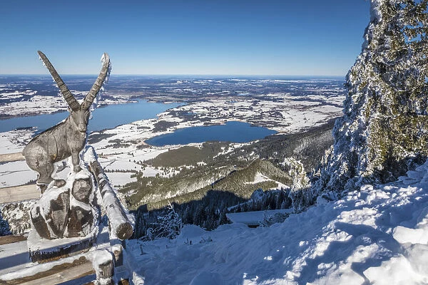 Carved ibex at the Tegelberghaus (1, 707 m) with a view over the Forggensee, Schwangau