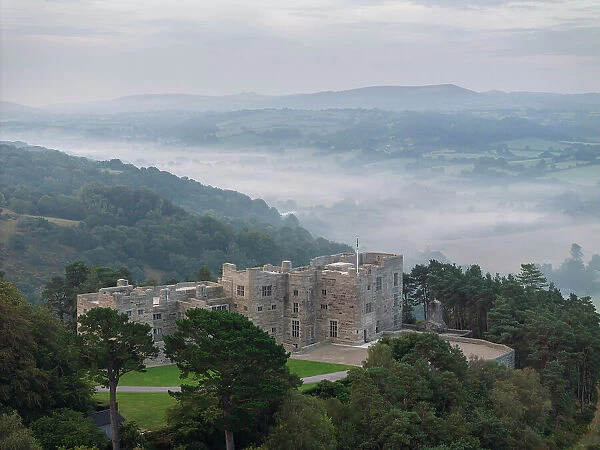 Castle Drogo on a misty autumn morning, Dartmoor, Devon, England. Autumn (September) 2023