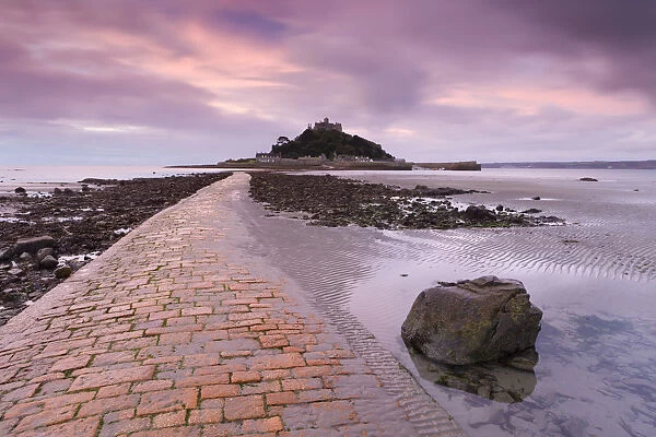 Causeway at low tide, leading to St Michaels Mount, Cornwall, England. Autumn