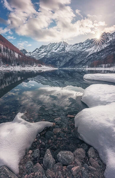 Ceresole Reale lake on a cold winter day, Tourin, Piedmont, Italy