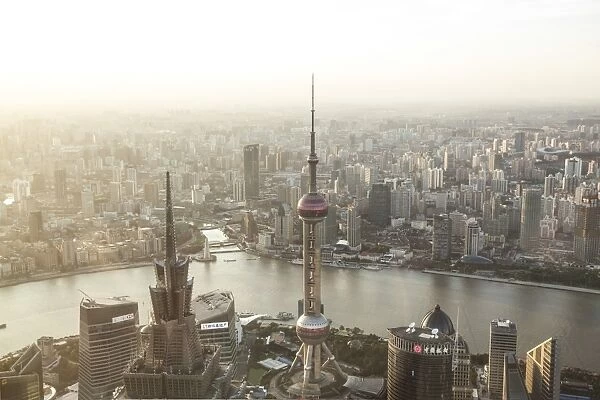 China, Shanghai. Elevated view of the city from World Financial center tower