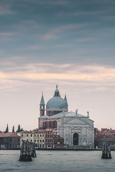 Church of Santissimo Redentore and venetian briccole, Venice, Veneto, Italy