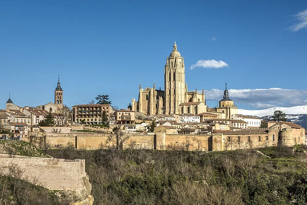 City skyline with the Gothic Cathedral, Segovia, Castile and Leon, Spain