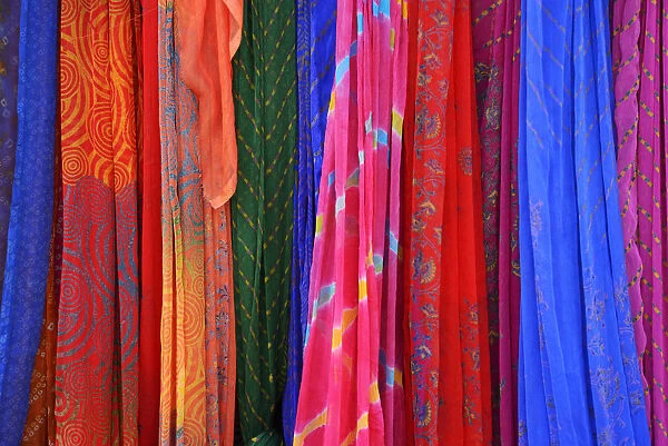 Colourful scarfs for sale in a Market, Mount Abu, Rajasthan, India, Asia