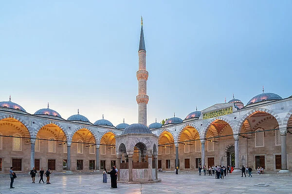 Courtyard of Blue Mosque at dusk, Sultanahmet, UNESCO, Fatih District, Istanbul Province, Turkey