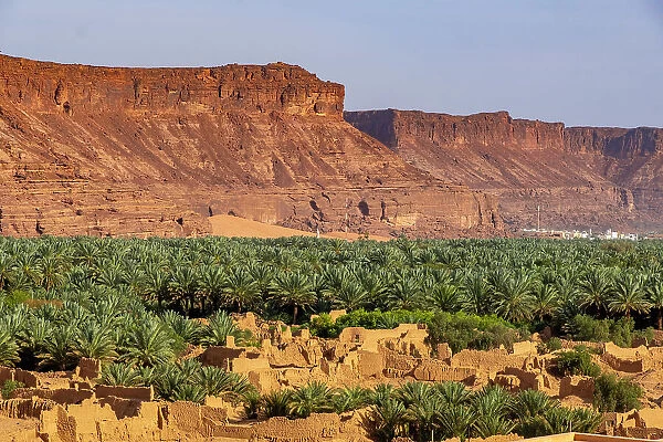 Date palms and old town ruins in the Oasis of Al-Ula, Medina Province, Saudi Arabia