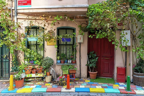 Decorated colorful front yard of house, Balat, Fatih District, Istanbul Province, Turkey
