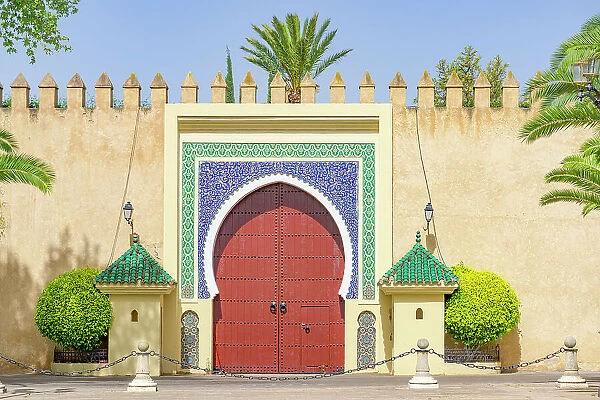 Decorated doorway and fortified walls of the Royal Palace or Dar al-Makhzen, Fes, Morocco