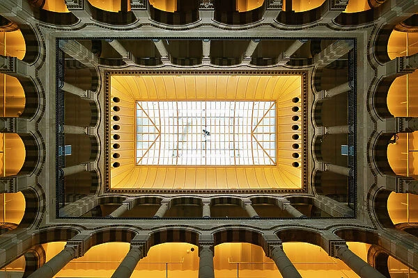 Directly below view of ceiling in Magna Plaza shopping center, Nieuwezijds Voorburgwal, Amsterdam, Netherlands