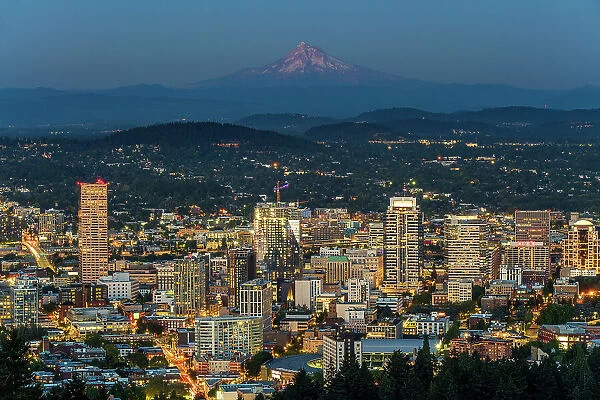 Downtown skyline and Mt. Hood at twilight, Portland, Oregon, USA