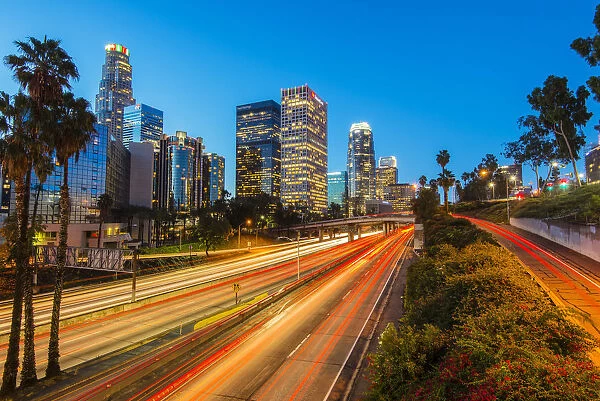 Downtown skyline at sunrise, Los Angeles, California, USA