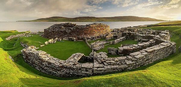 Early morning sunshine at the Iron Age Broch of Gurness on Mainland Orkney, Scotland. Autumn (October) 2022