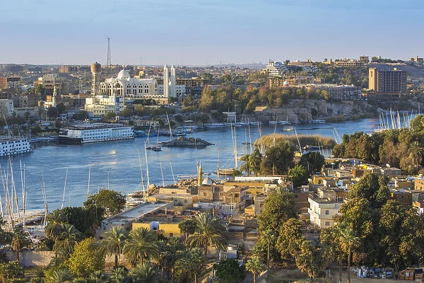 Egypt, Upper Egypt, Aswan, View of Aswan looking over Elephantine Island towards The