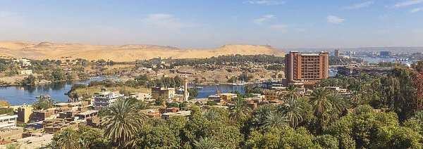 Egypt, Upper Egypt, Aswan, View of New Cataract Hotel and Khnum ruins