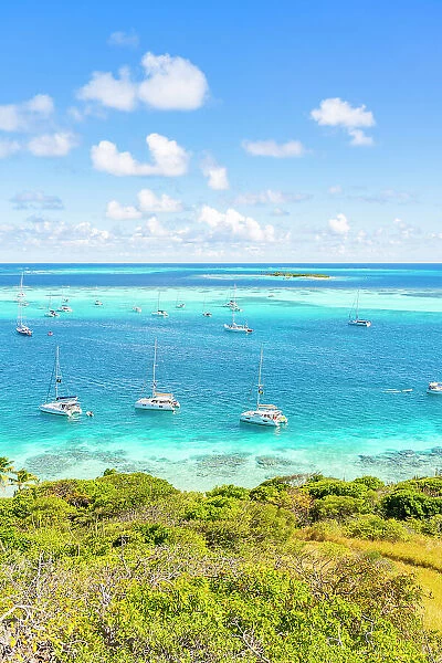 Elevated view from Petit Rameau Island, looking towards the Tobago Cays in the Grenadines Islands, Saint Vincent and the Grenadines, Caribbean