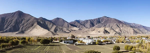 Elevated view of Samye monastery and valley, Tibet, China
