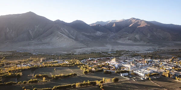 Elevated view of Samye monastery and valley, Tibet, China