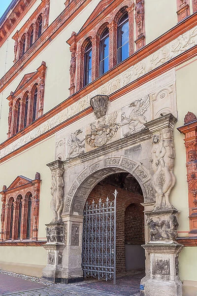 Entrance portal of the historic District Court of Wismar, Mecklenburg-Western Pomerania, Baltic Sea, North Germany, Germany