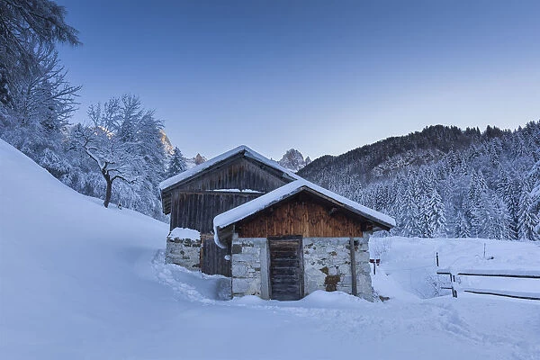 Europe, Italy, Belluno, La Valle Agordina. A couple of traditional wooden barns in winter