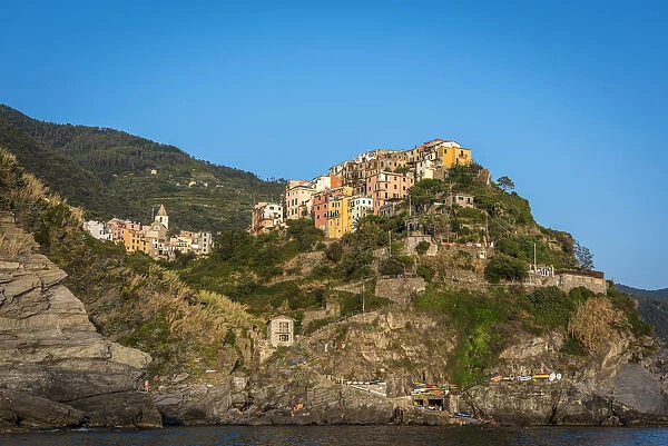 Europe, Italy, Cinque Terre. View of Corniglia from the sea