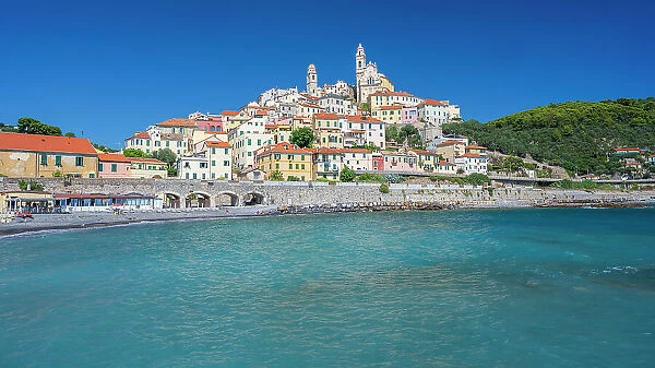 Europe, Italy, Liguria, The beautiful skyline of Cervo seen from the beach