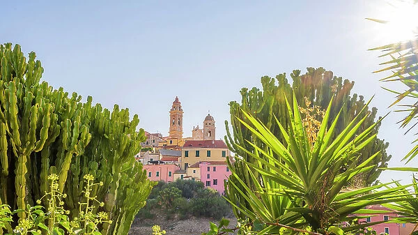 Europe, Italy, Liguria, Glimps of the town of Cervo near Imperia with the church of Saint John