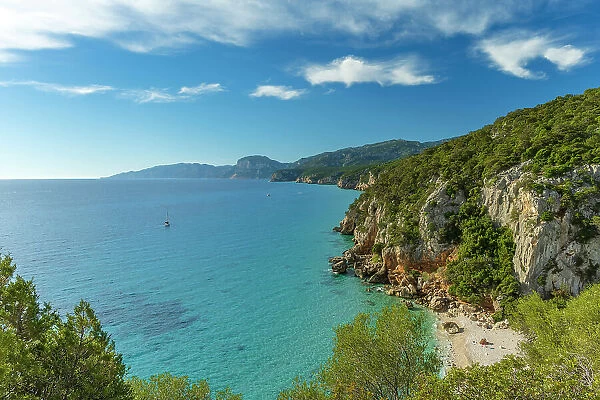 Europe, Italy, Sardinia. View to the beach Cala Fuili and the whole coast of the Golfo di Orosei