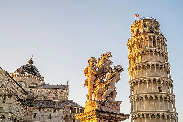 europe, Italy, Tuscany, Pisa. Piazza dei Miracoli with the leaning tower, the cathedral and the sculpture of angels