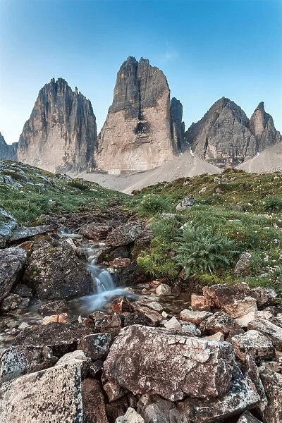 Europe, Italy, Veneto. The Three Peaks ( Drei Zinnen) of Lavaredo from Grava Longia