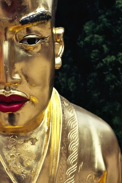 Face of a golden Buddha statue - one among many at
