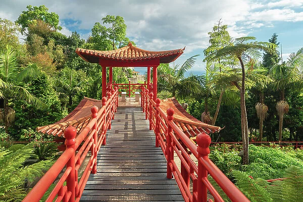 Footpath leading to red torii gate at Oriental Gardens in Monte Palace Tropical Garden, Funchal, Madeira, Portugal
