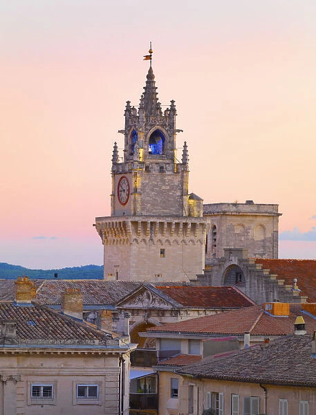 France, Provence, Avignon, Town hall and clock tower at dawn