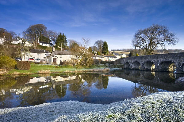 Frost carpets the banks of the River Barle at Withypool in Exmoor National Park, Somerset