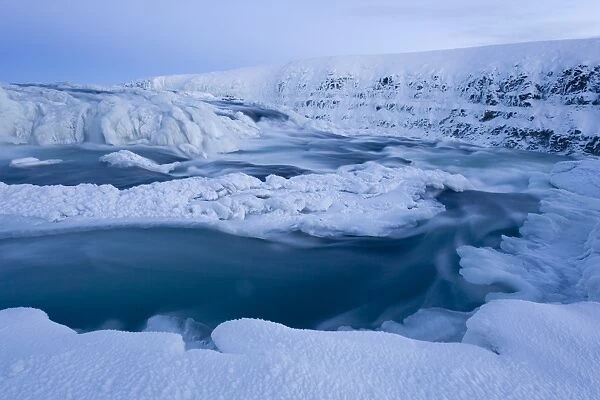 Frozen river and ice banks, Gullfoss, SW Iceland