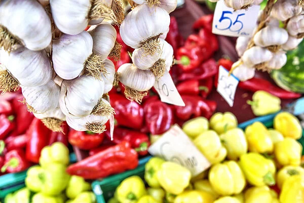 Garlic and peppers on sale at the open-air market of Split, Dalmatia, Croatia