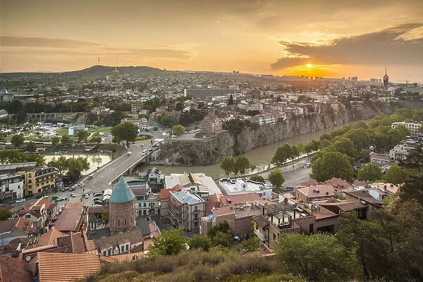 Georgia, Tbilisi, high angle city skyline, sunrise