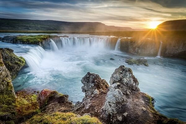 Godafoss, Myvatn, Iceland. the waterfall of the Gods at sunset