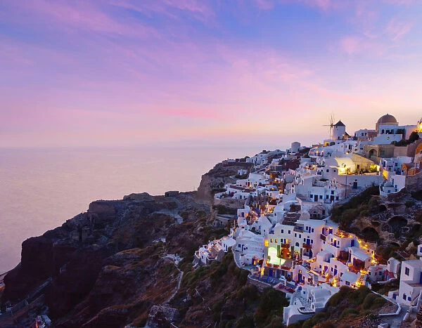 Greece, The Cyclades, Santorini (Thira), Oia, overview at dusk
