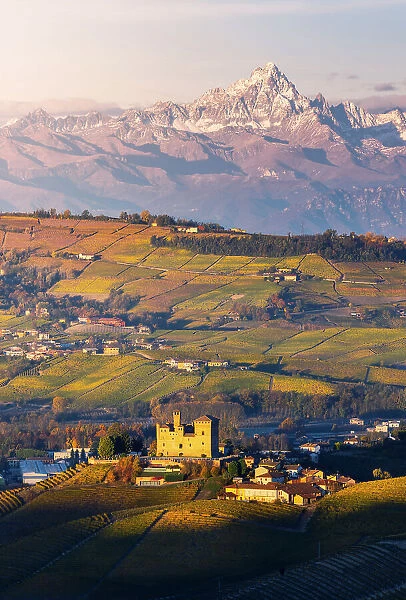 Grinzane Cavour and Monviso at sunrise during autumn, Cuneo, Langhe and Roero, Piedmont, Italy, Southern Europe