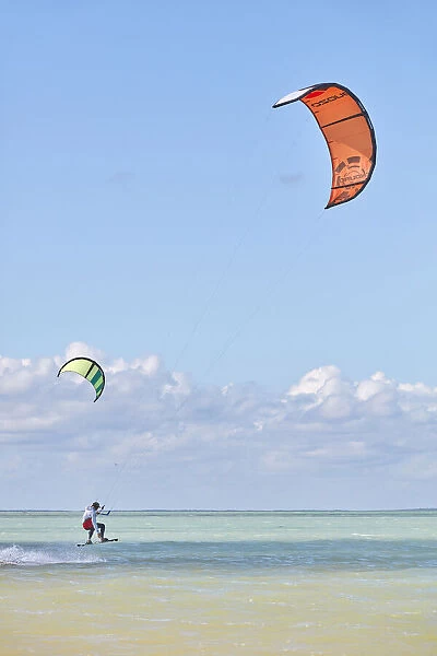 A guy practices kitesurfing on the island of Holbox, Quintana Roo, Yucatan, Mexico